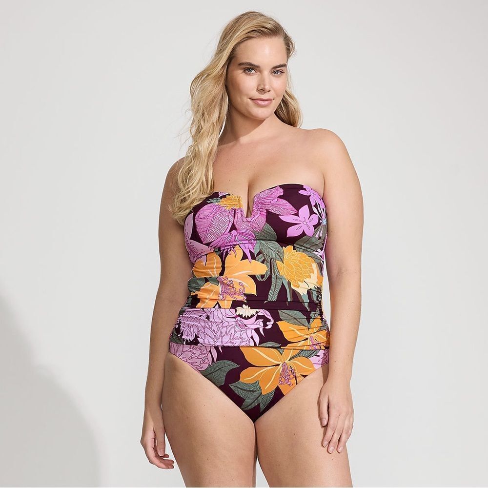 Land's End plus size slender suit U wire Bandeau dark wine multi floral Top Var - Picture 6 of 9